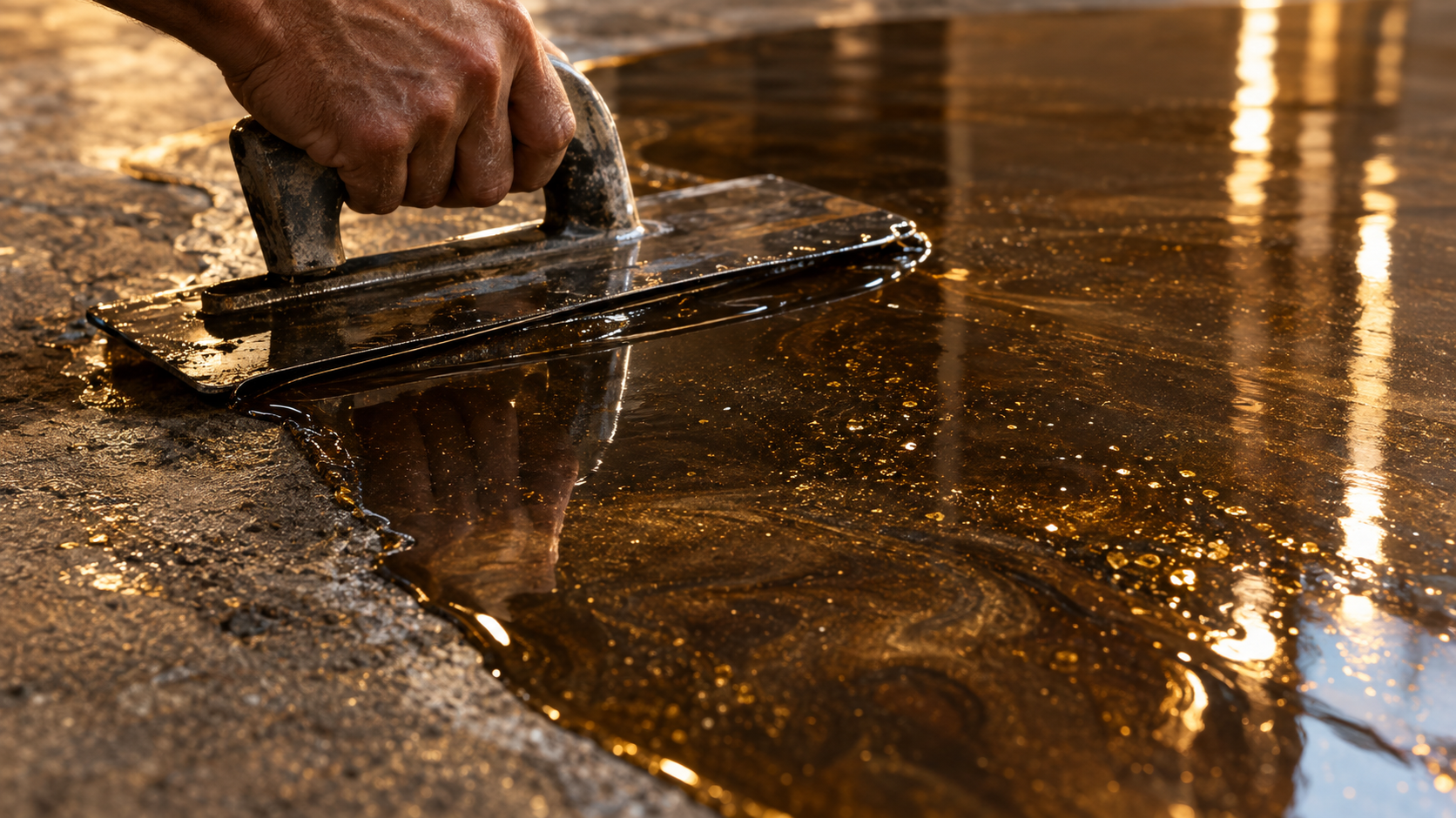 A craftsman troweling a metallic polyaspartic coating with visible gold flake on a concrete slab.