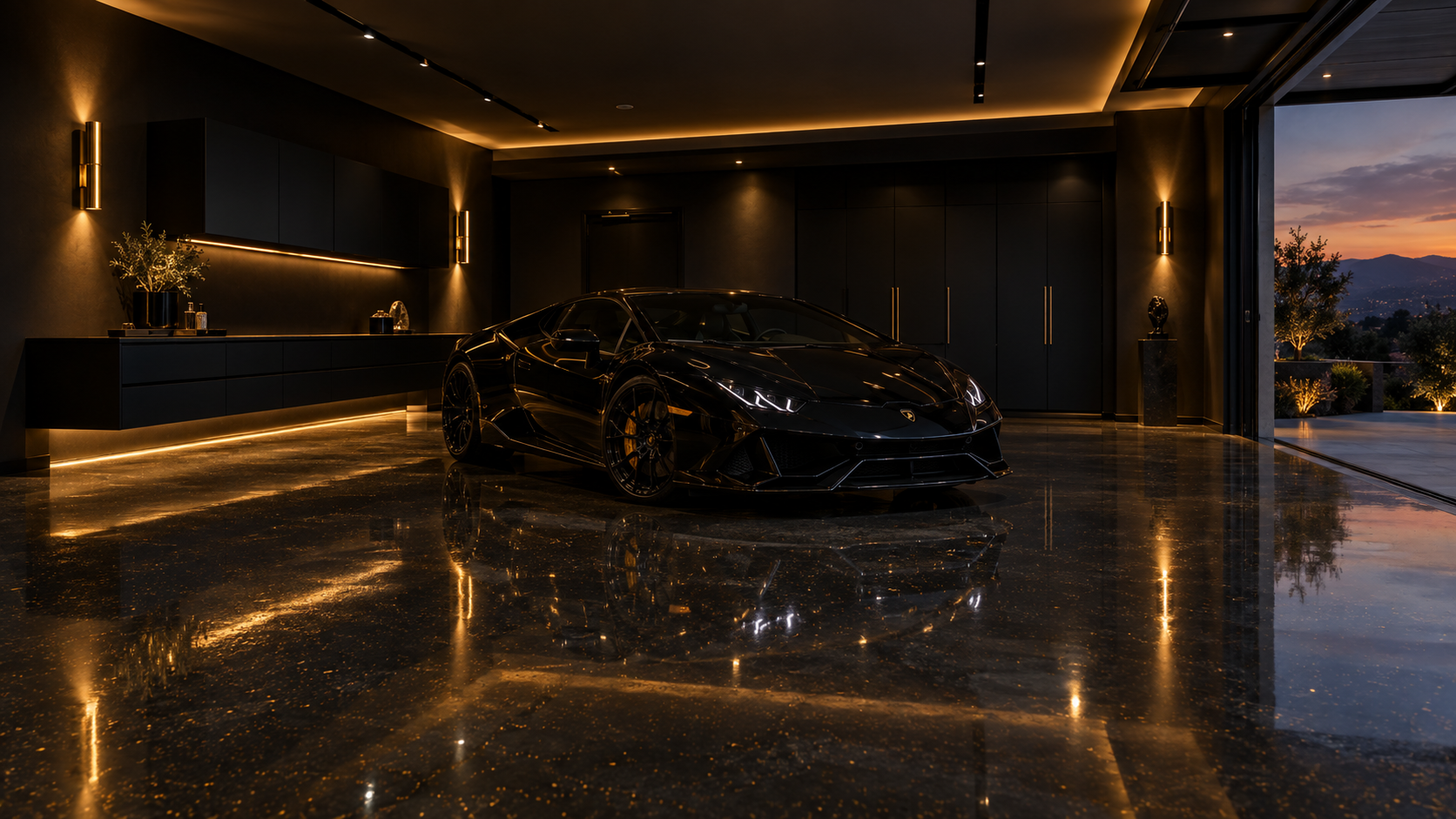 A polished dark metallic concrete floor with subtle gold flake reflecting warm ambient light in a luxury residential garage.